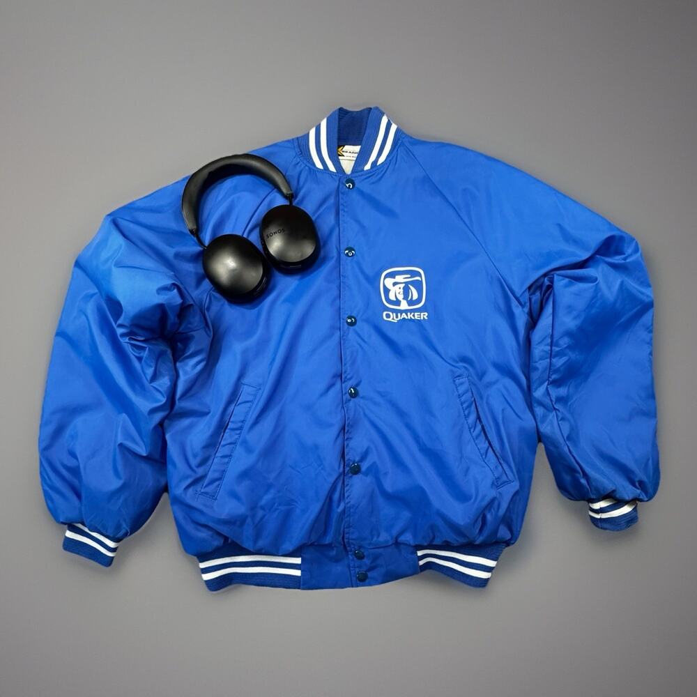 Vintage Quaker Oats Snap Front Bomber Jacket Blue USA Made XL -491